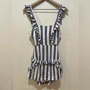 Selfie Leslie Linen Blue and White Striped Open Back Dress - women’s size small